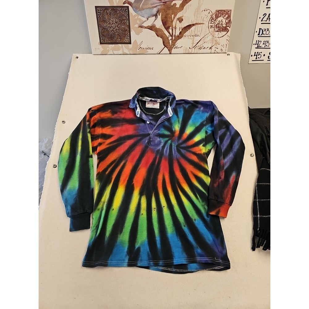 Maxmore USA Rugby Shirt Mens 48 Large Tie Dye Rainbow Long Sleeve Cotton Vintage